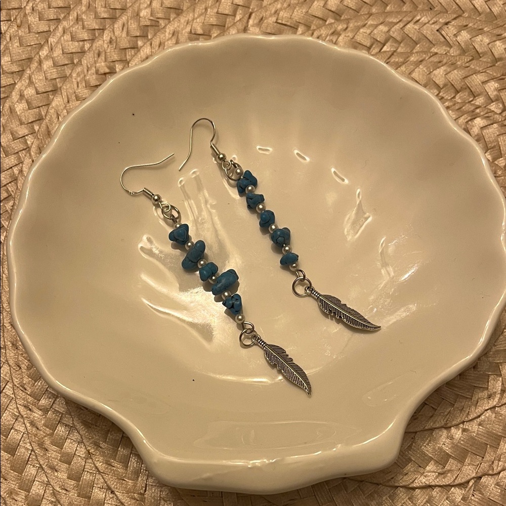 Hand Crafted Silver and Blue Beaded Feather Earrings